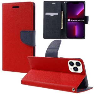 CUSTODIA per APPLE IPHONE 13 PRO (6.1") - FLIP ORIZZONTALE CON INTERNO IN TPU SILICONE, STAND E TASCHE PORTA CARTE COLORE ROSSO