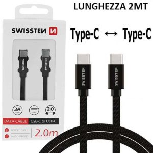 CAVO TYPE-C / TYPE-C IN TESSUTO CON TRASFERIMENTO DATI 480Mb/s - LUNGHEZZA 2MT COLORE NERO SWISSTEN 71528201 BLISTER