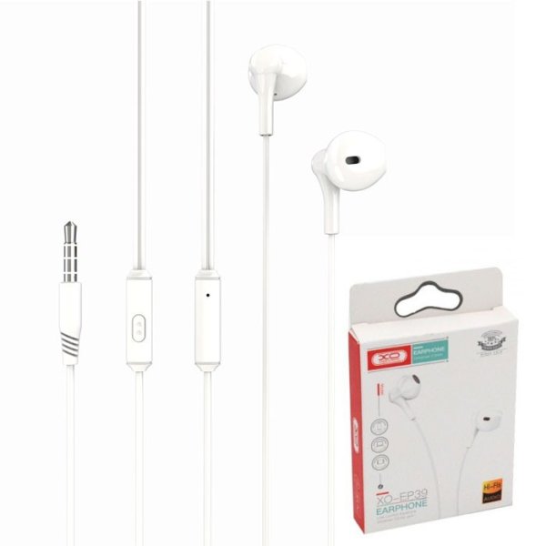 AURICOLARE STEREO con CONNETTORE JACK 3,5mm - TASTO DI RISPOSTA E MICROFONO (SENZA GOMMINI) COLORE BIANCO XO EP39 BLISTER