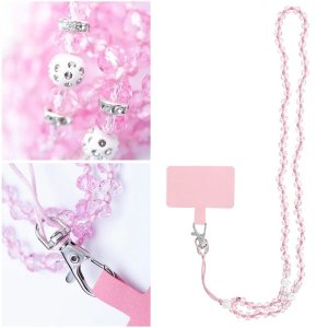 COLLANINA UNIVERSALE PER SMARTPHONE CON PERLINE E BRILLANTINI - FISSAGGIO CON LINGUETTA - COLORE ROSA