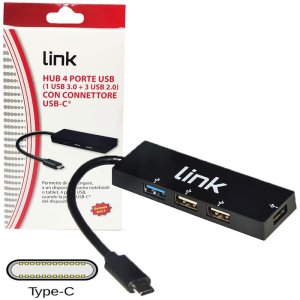 HUB 4 PORTE USB (1 USB 3.0 + 3 USB 2.0) CON CONNETTORE TYPE-C - LUNGHEZZA CAVO 10CM COLORE NERO LKCCH03 LINK