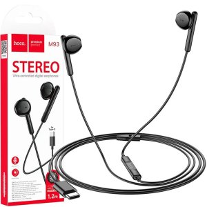 AURICOLARE STEREO con CONNETTORE TYPE-C (SENZA GOMMINI) E MICROFONO - LUNGHEZZA CAVO 1.2 MT COLORE NERO M93 HOCO BLISTER