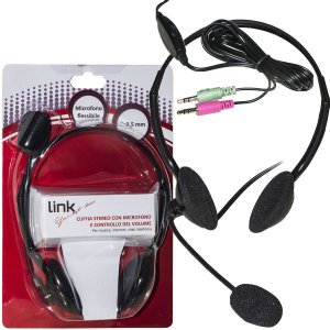 CUFFIA STEREO CON MICROFONO ORIENTABILE CON 2 CONNETTORI JACK 3,5MM (1xMICROFONO, 1xCUFFIE) E CONTROLLO VOLUME NERO LINK
