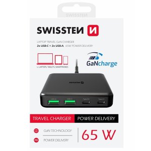 CARICATORE DA TAVOLO 65W CON 2 PORTE TYPE-C + 2 PORTE USB POWER DELIVERY TECNOLOGIA GAN COLORE NERO 22057100 SWISSTEN