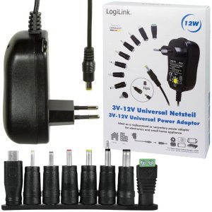 ALIMENTATORE UNIVERSALE 12W CON SETTAGGIO MANUALE 3/12V E 8 CONNETTORI INTERCAMBIABILI COLORE NERO PA0167 LOGILINK