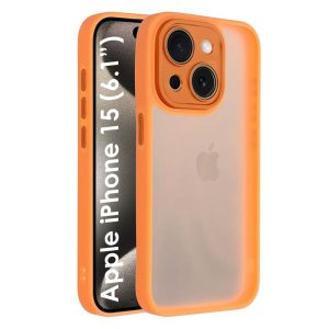 CUSTODIA per APPLE IPHONE 15 (6.1") - RIGIDA CON CORNICE IN TPU, PROTEZIONE FOTOCAMERE E DETTAGLI CROMATI COLORE ARANCIONE