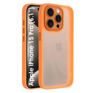 CUSTODIA per APPLE IPHONE 15 PRO (6.1") - RIGIDA CON CORNICE IN TPU, PROTEZIONE FOTOCAMERE E DETTAGLI CROMATI COLORE ARANCIONE