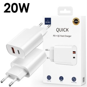 CARICATORE DA RETE 20W CON 1 PORTA TYPE-C + 1 PORTA USB PD+QC FAST CHARGER COLORE BIANCO WI-U002 WiWU