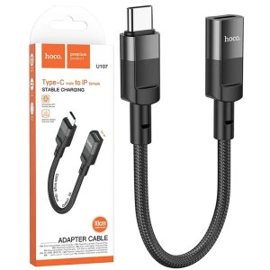 ADATTATORE DA TYPE-C (M) A LIGHTNING (F) CON CAVO IN TESSUTO INTRECCIATO LUNGHEZZA 10 CM (OUTPUT 2A) COLORE NERO U107 HOCO