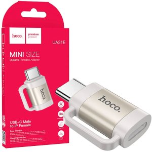 ADATTATORE DA TYPE-C (M) A LIGHTNING (F) USB 2.0 (OUTPUT 3A) CON ASOLA DI AGGANCIO IN LEGA DI ALLUMINIO COLORE GRIGIO UA31E HOCO