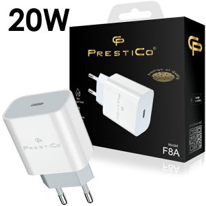 CARICATORE DA RETE 20W CON 1 PORTA TYPE-C FAST CHARGE COLORE BIANCO F8A PRESTICO IN BLISTER