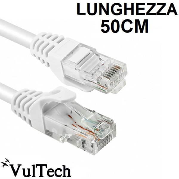 CAVO DI RETE CAT6 LUNGHEZZA 50CM CONNETTORE RJ-45 COLORE BIANCO TAAU005-UTP-WH VULTECH