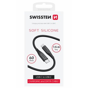 CAVO TYPE-C / TYPE-C CON SUPPORTO FAST CHARGING 60W (MAX 3A) in SILICONE SOFT LUNGHEZZA 1,5 MT COLORE NERO 71532010 SWISSTEN