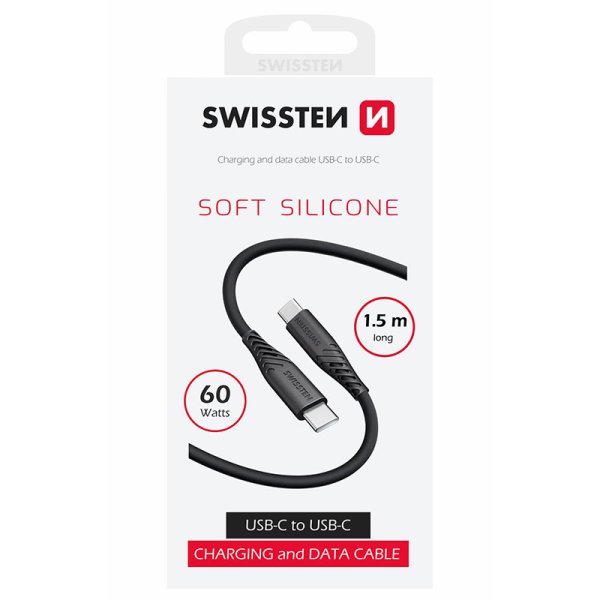 CAVO TYPE-C / TYPE-C CON SUPPORTO FAST CHARGING 60W (MAX 3A) in SILICONE SOFT LUNGHEZZA 1,5 MT COLORE NERO 71532010 SWISSTEN