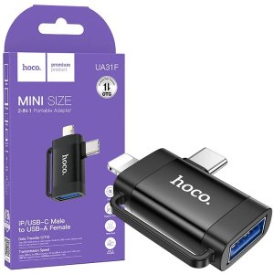 ADATTATORE 2in1 DA USB-A (F) A LIGHTNING/TYPE-C (M) USB 2.0 CON SUPPORTO OTG E ASOLA DI AGGANCIO COLORE NERO UA31F HOCO
