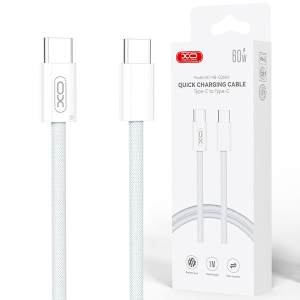 CAVO TYPE-C / TYPE-C CON SUPPORTO QUICK CHARGING 60W E LUNGHEZZA 1 MT IN TESSUTO COLORE BIANCO NB-Q260A XO