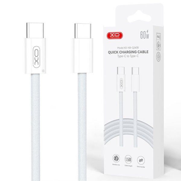 CAVO TYPE-C / TYPE-C CON SUPPORTO QUICK CHARGING 60W E LUNGHEZZA 1,5 MT IN TESSUTO COLORE BIANCO NB-Q260B XO