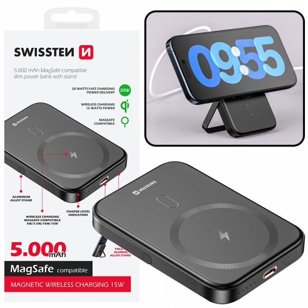 POWER BANK 5.000mAh 15W WIRELESS (MAGSAFE COMPATIBILE) CON 1 PORTA USB-C (IN/OUT) E STAND IN ALLUMINIO 22013975 SWISSTEN