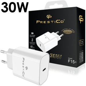 CARICATORE DA RETE 30W CON 1 PORTA TYPE-C FAST CHARGE COLORE BIANCO F15+ PRESTICO IN BLISTER