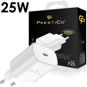 CARICATORE DA RETE 25W CON 1 PORTA TYPE-C FAST CHARGE COLORE BIANCO F25 PRESTICO IN BLISTER