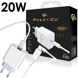 CARICATORE DA RETE 20W CON 1 PORTA TYPE-C (FAST CHARGE) + CAVO TYPE-C/TYPE-C - LUNGHEZZA 1 MT BIANCO F8S PRESTICO IN BLISTER