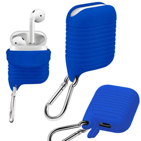 CUSTODIA IN GEL TPU SILICONE PER APPLE AIRPODS CON MOSCHETTONE, PROTEZIONE DEL PULSANTE E FORO PER RICARICA COLORE BLU