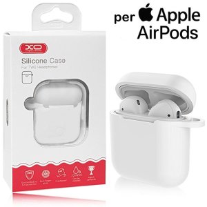 CUSTODIA IN GEL TPU SILICONE PER APPLE AIRPODS CON PROTEZIONE DEL PULSANTE E FORO DI AGGANCIO COLORE BIANCO XO BLISTER