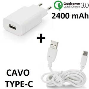 CARICATORE DA RETE 2400mAh CON 1 PORTA USB + CAVO TYPE-C LUNGHEZZA 1 MT - FAST CHARGING - COLORE BIANCO BLISTER