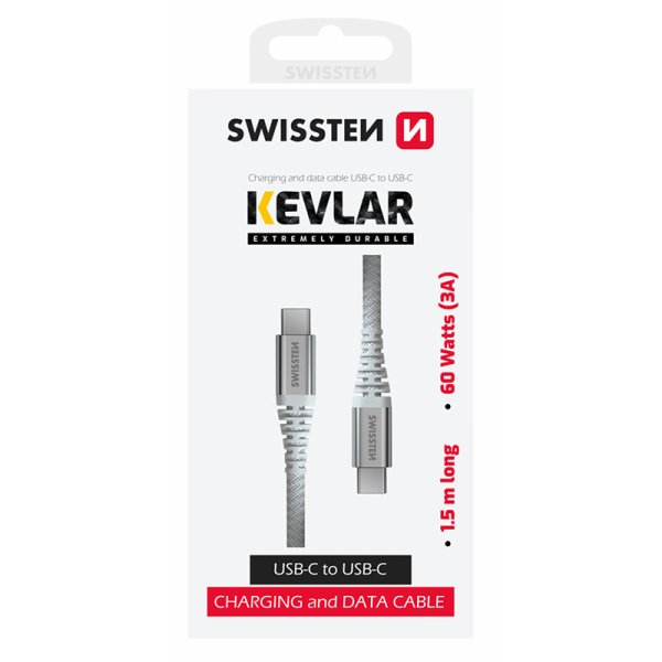 CAVO TYPE-C / TYPE-C CON SUPPORTO FAST CHARGING 60W (MAX 3A) in KEVLAR LUNGHEZZA 1,5 MT COLORE BIANCO 71541014 SWISSTEN