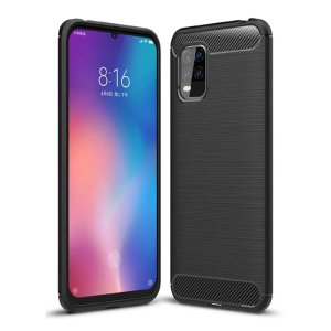 CUSTODIA per XIAOMI MI 10 LITE (5G) - IN GEL TPU SILICONE EFFETTO METALLICO CON INSERTI IN FANTASIA CARBONIO COLORE NERO