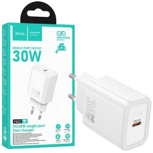CARICATORE DA RETE 30W CON 1 PORTA TYPE-C FAST CHARGING CON TECNOLOGIA GAN COLORE BIANCO N62 HOCO