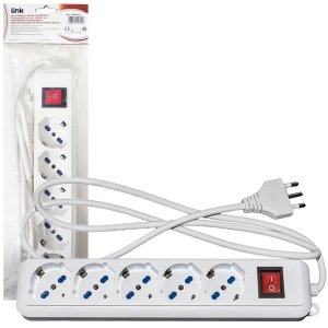 CIABATTA MULTIPRESA con 5 PRESE ITA/SCHUKO 10/16A E SPINA 16A - TASTO ON/OFF E PROTEZIONE per SOVRACCARICHI BIANCO LKMP05L LINK