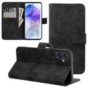 CUSTODIA per GALAXY A55 (SM-A556) FLIP ORIZZONTALE IN ECOPELLE COLORE NERO CON INTERNO IN TPU E CHIUSURA MAGNETICA