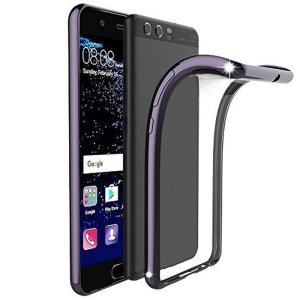 CUSTODIA per HUAWEI P10 IN GEL TPU SILICONE TRASPARENTE CON CORNICE COLORE NERO