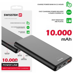 POWER BANK 10.000mAh FAST CHARGING 20W CON 1 PORTA USB-A, 1 PORTA USB-C (IN/OUT) E 1 PORTA MICRO USB + CAVO USB-C/USB-C SWISSTEN