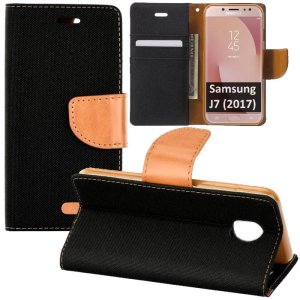 CUSTODIA per SAMSUNG SM-J730 GALAXY J7 (2017) - FLIP ORIZZONTALE CON INTERNO IN TPU SILICONE E STAND COLORE NERO EFFETTO JEANS