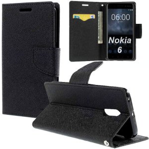 CUSTODIA per NOKIA 6 - FLIP ORIZZONTALE CON INTERNO IN TPU, STAND, PORTA CARTE E CHIUSURA MAGNETICA COLORE NERO