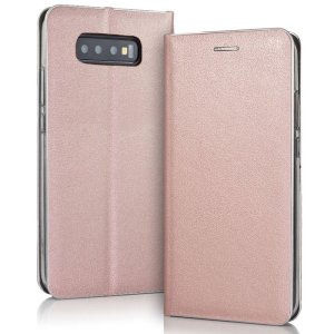CUSTODIA per SAMSUNG GALAXY S10 - FLIP ORIZZONTALE SIMILPELLE CHIUSURA MAGNETICA INVISIBILE ROSA ORO CON BORDO SILVER