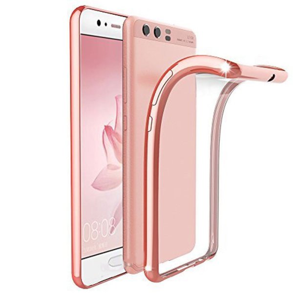 CUSTODIA per HUAWEI P10 IN GEL TPU SILICONE TRASPARENTE CON CORNICE COLORE ROSA ORO