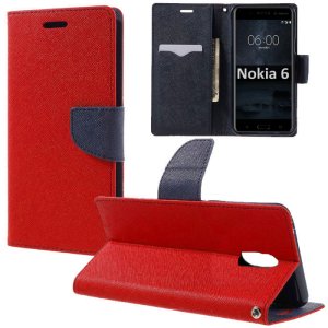 CUSTODIA per NOKIA 6 - FLIP ORIZZONTALE CON INTERNO IN TPU, STAND, PORTA CARTE E CHIUSURA MAGNETICA COLORE ROSSO