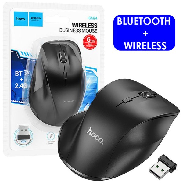 MOUSE WIRELESS 2.4G + BLUETOOTH 5.3 RISOLUZIONE FINO A 1600 DPI CON 6 TASTI E ROTELLINA SCROLL COLORE NERO GM24 HOCO