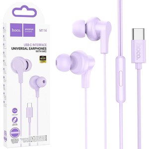 AURICOLARE STEREO con CONNETTORE TYPE-C - GOMMINI E MICROFONO - LUNGHEZZA CAVO 1.2 MT COLORE VIOLA M114 HOCO BLISTER