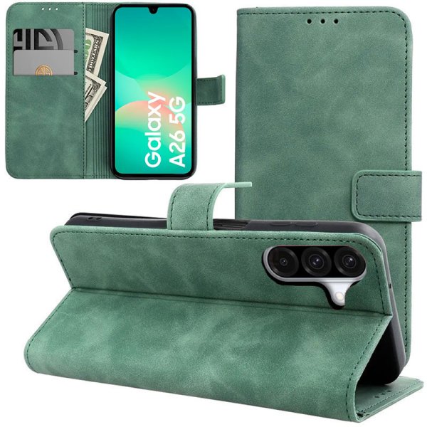 CUSTODIA per SAMSUNG GALAXY A26 (5G) FLIP ORIZZONTALE IN ECOPELLE COLORE VERDE CON INTERNO IN TPU E CHIUSURA MAGNETICA