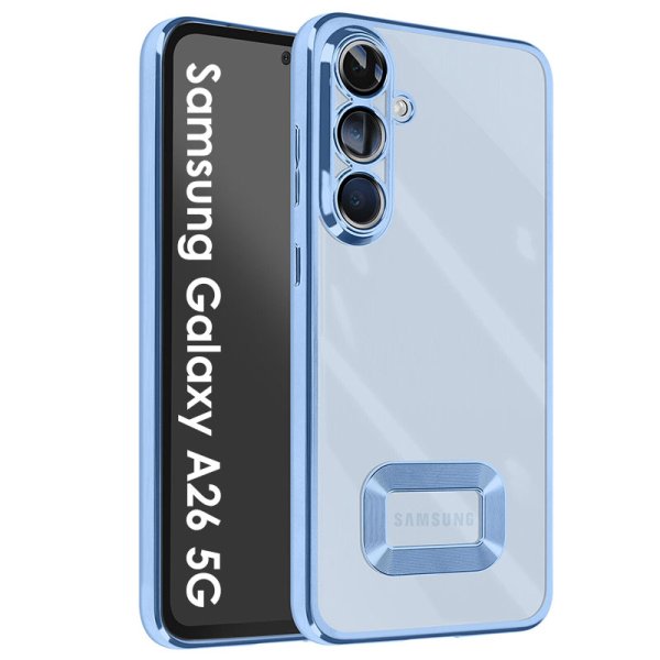 CUSTODIA per SAMSUNG GALAXY A26 (5G) TRASPARENTE IN TPU A 360° (COMPRESE FOTOCAMERE) CON DETTAGLI CROMATI BLU
