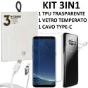 KIT 3IN1 per SAMSUNG SM-G955 GALAXY S8 PLUS CON CUSTODIA IN GEL TPU TRASPARENTE, VETRO TEMPERATO E CAVO TYPE-C BIANCO BLISTER