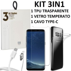 KIT 3IN1 per SAMSUNG SM-G955 GALAXY S8 PLUS CON CUSTODIA IN GEL TPU TRASPARENTE, VETRO TEMPERATO E CAVO TYPE-C BIANCO BLISTER